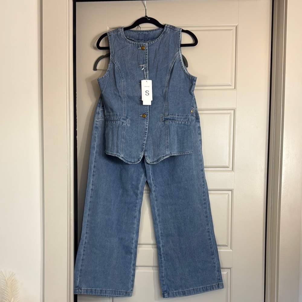 Denim Sleeveless Vest & Wide-Leg Pants Set - Blue